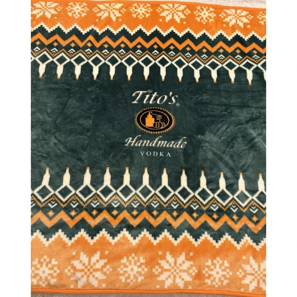 Tito’s Holiday 38” X 60” Blanket Throw Tito’s Handmade Vodka Green & Orange, EUC